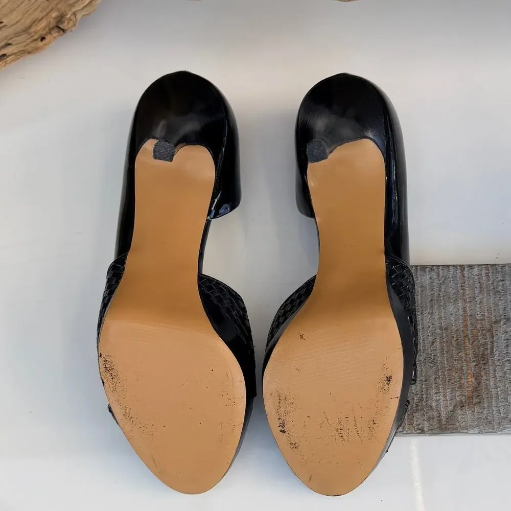 Marc Fisher Black Patent Leather Woven Platform Peep Toe Stiletto Heels Size 6